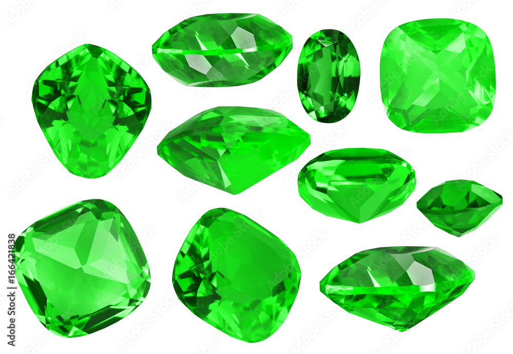 Fototapeta premium set of ten green emeralds gems on white