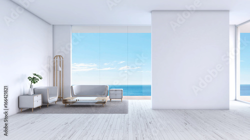 Modern Living room white wood floor sea view summer 3d rendering