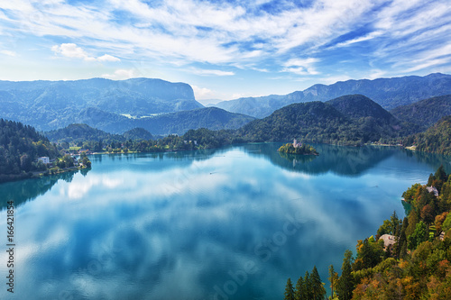 Church on island in Lake Bled, top view, Slovenia