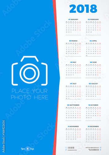 Calendar Design Template for 2018 Year. Week starts on Monday. Vector Calendar Poster with Place for Photo