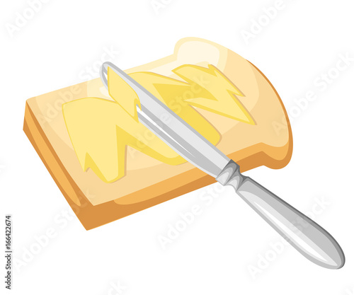 knife spreading butter or margarine on slice of toast bread and bar of butter, flat design vector Web site page and mobile app design
