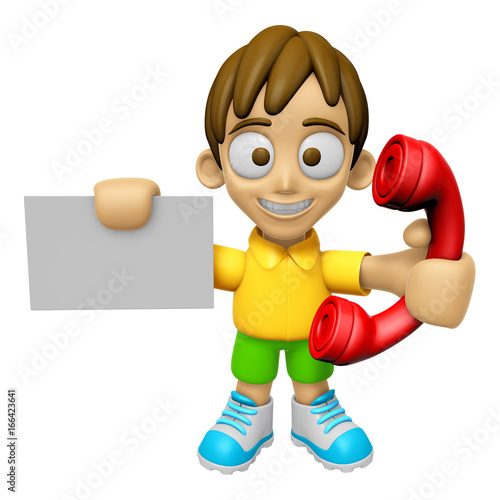 3D Child Mascot hand is holding a business card and telephone. Work and Job Character Design Series 2. photo