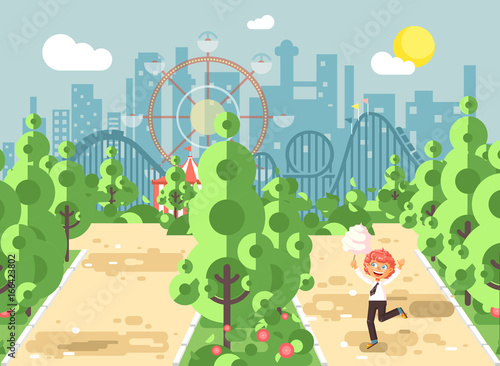 Vector illustration walk stroll promenade boy, school child, child s day, holds cotton candy in hands on alley pavement in amusement park outdoor, roller coaster switchback background flat style