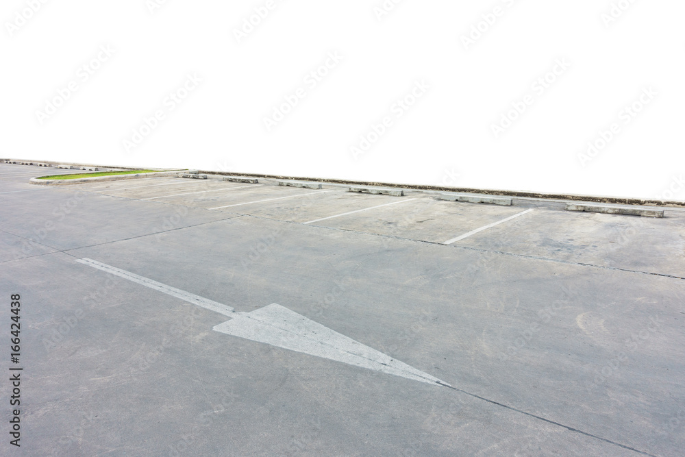 Empty parking lot with road arrow directional sign on white background with clipping path