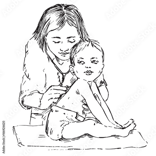 Baby and pediatrician, listening with stethoscope, hand drawn doodle, sketch in pop art style, black and white vector illustration