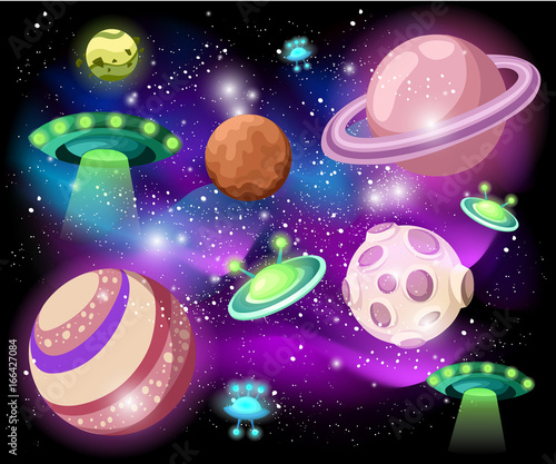 Flying Saucer, Spaceship And UFO Set Illustration of a set of cartoon funny UFO, unidentified spaceship and spacecrafts from alien invaders, with various futuristic shapes Web site page and mobile app