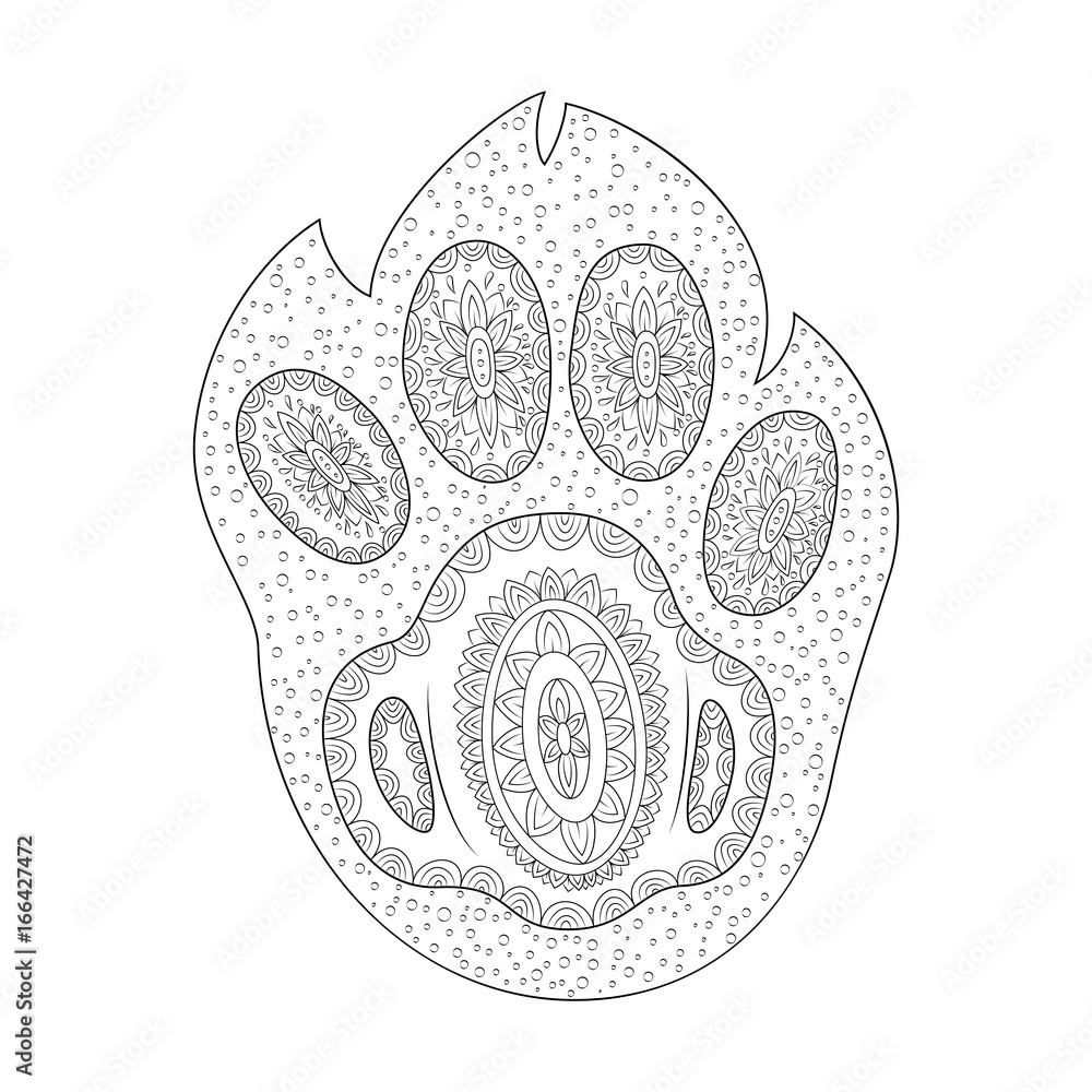 Vetor de Paw print vector illustration. Shape of dog foot Zen Tangle
