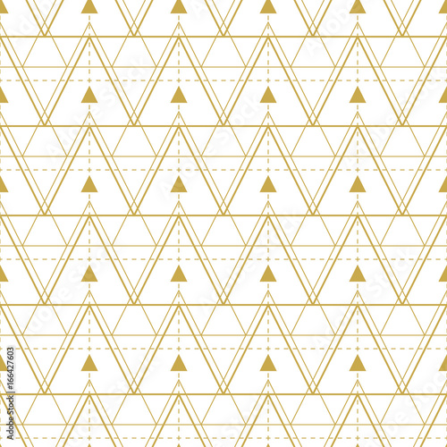 Geometric triangular art deco style scales dashed lines in gold. Seamless vector pattern