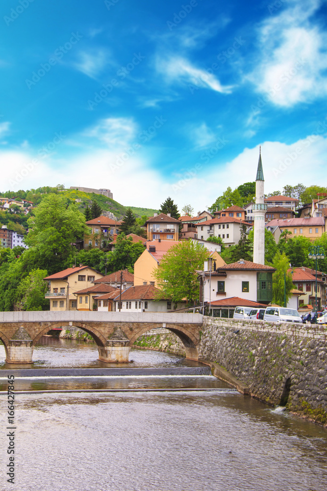 View of the Latin bridge, one of the oldest bridges of Bosnia and Herzegovina, runs through the Milyacka River in Sarajevo, Bosnia and Herzegovina