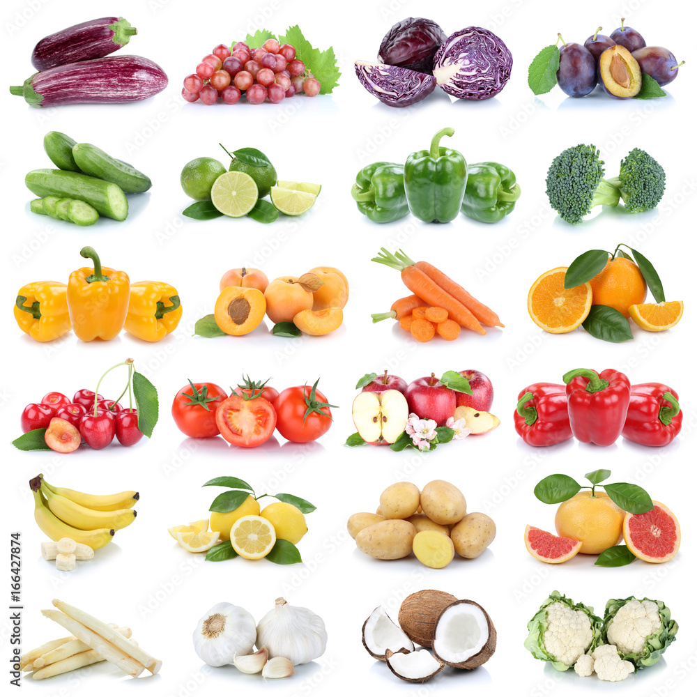 Obst und Gemüse Früchte Apfel Tomaten Bananen Orangen Zitrone Knoblauch Farben Collage Freisteller freigestellt isoliert Obst und Gemüse Früchte Apfel Tomaten Bananen Orangen Zitrone Knoblauch Farben Collage Freisteller freigestellt isoliert