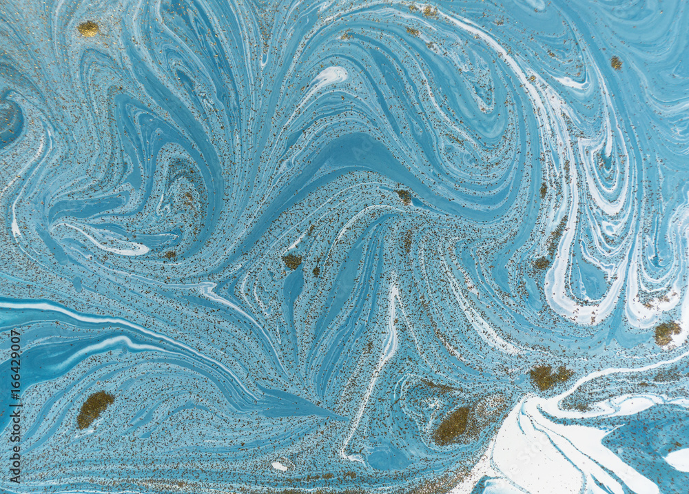 Marbled blue and golden abstract background. Liquid marble pattern