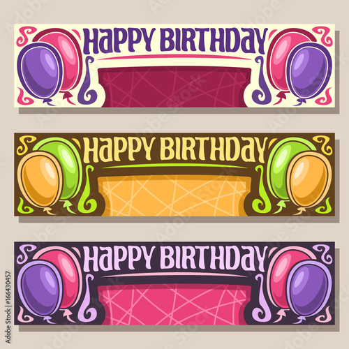 Vector greeting Cards for Happy Birthday event: vintage invitation on celebration anniversary with colorful balloons, cartoon design banner with lettering title happy birthday for congratulations text
