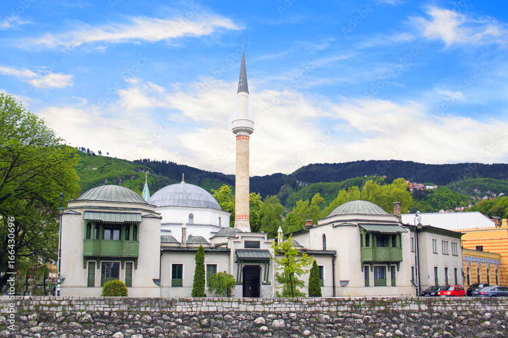 Beautiful view of the Emperor's Mosque in Sarajevo on the banks of the Milyacka River, Bosnia and Herzegovina