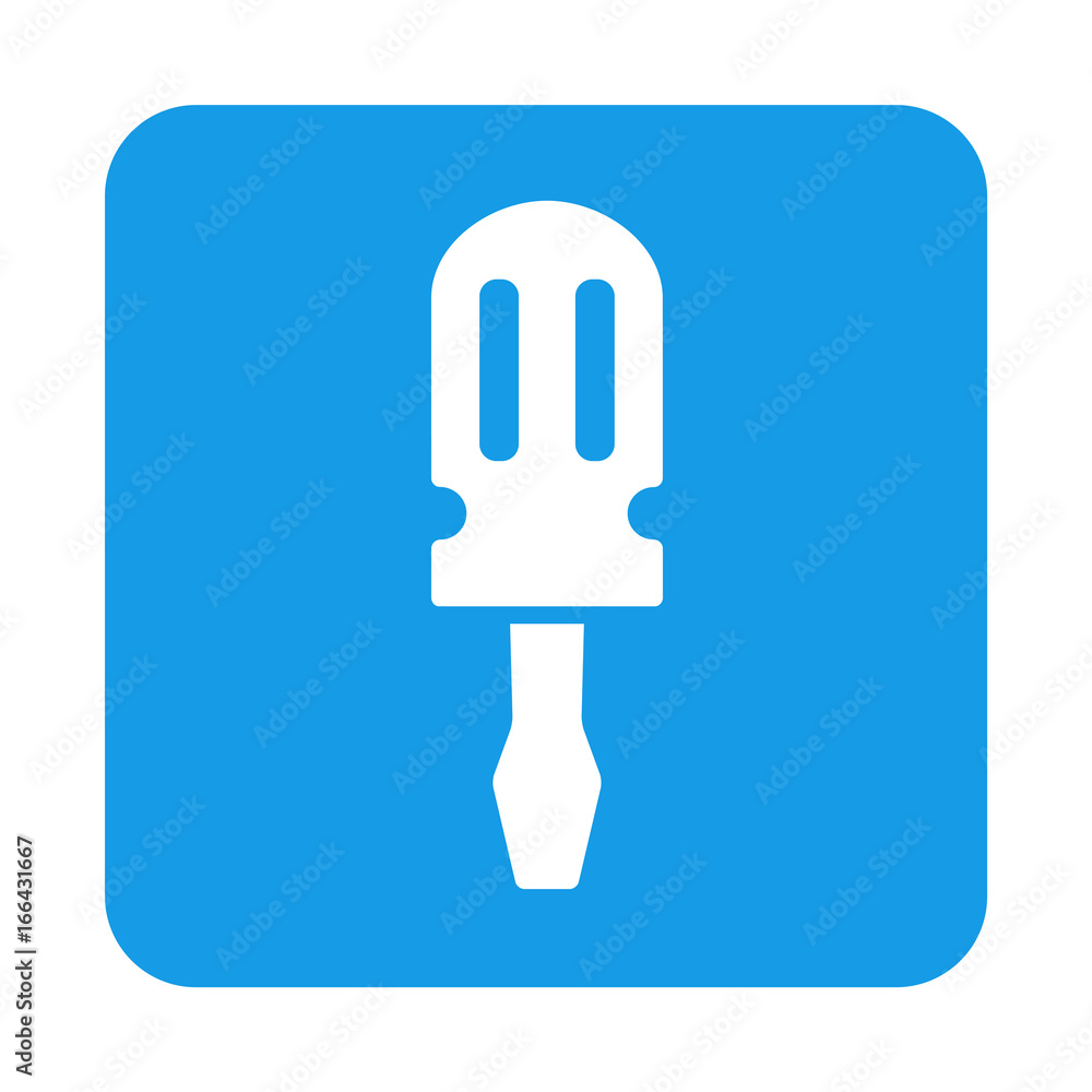Icono plano destornillador corto en cuadrado azul Icono plano destornillador corto en cuadrado azul