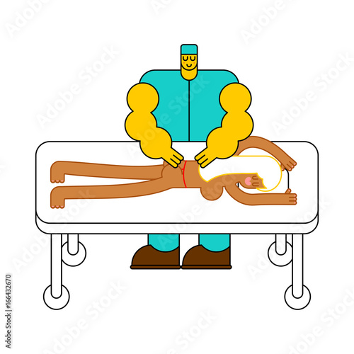 Masseur. Specialist for massage. massage table. strong man of chiropractors. Vertebral neurologist, osteopath