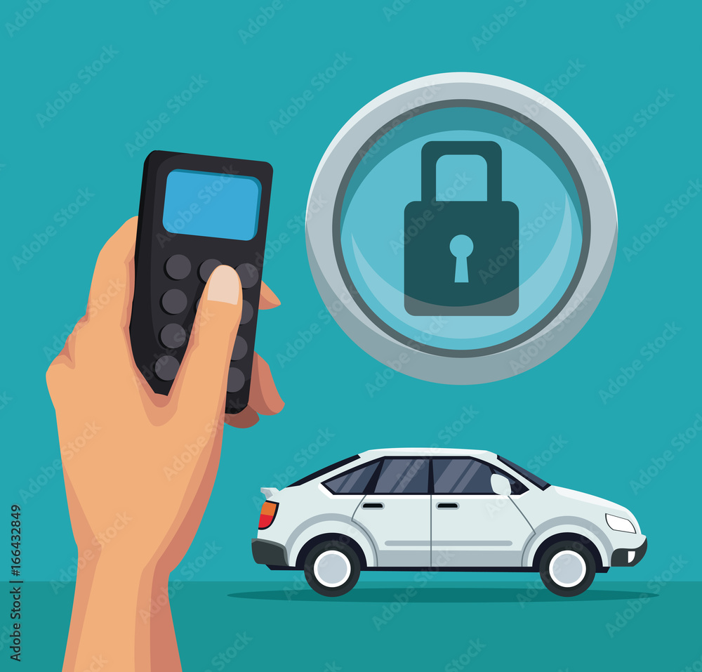 color background of classic car and remote control with button padlock