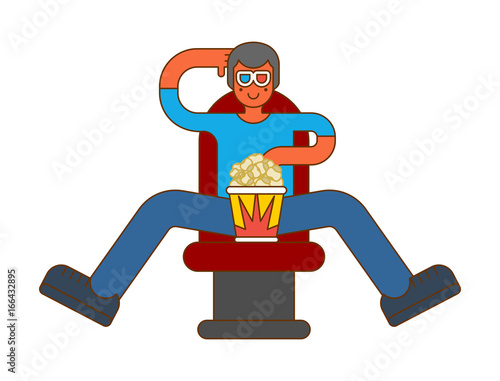 Moviegoer at cinema with popcorn. Stereo glasses. Watch movie