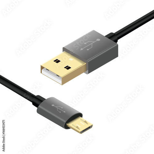 USB Micro cables isolated on white background. Connectors and sockets for PC and mobile devices. Computer peripherals connector or smartphone recharge supply