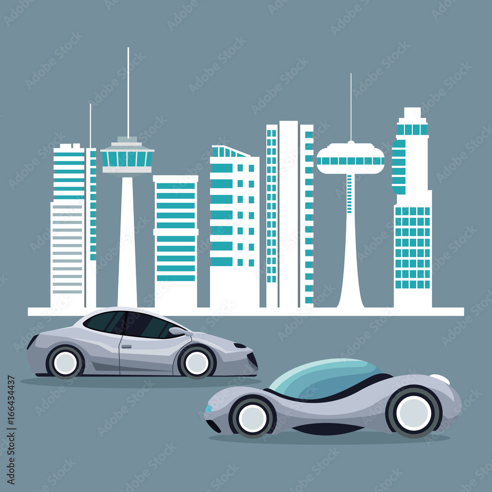 futuristic city landscape silhouette with colorful set of modern vehicles