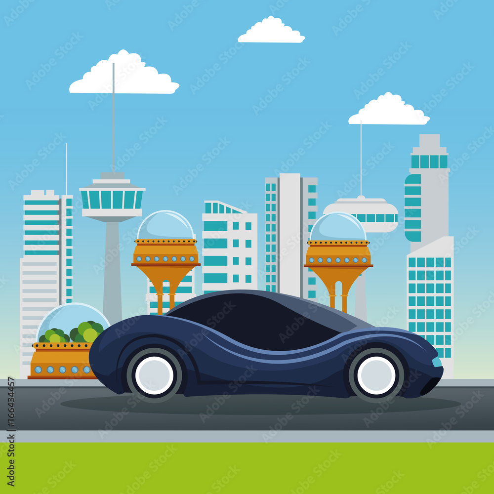 colorful scene futuristic city metropolis with sport dark blue modern car