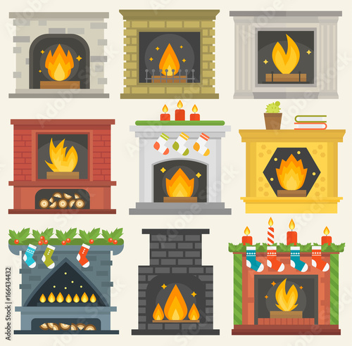Vector fireplace isolated house room warm christmas decoration