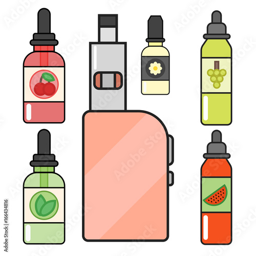 Vape device vector set cigarette vaporizer vapor juice bottle flavor illustration battery coil.