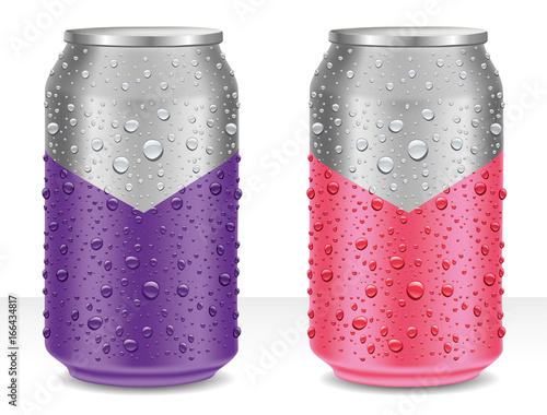 Aluminum Tin Cans in violet and pink with many water drops