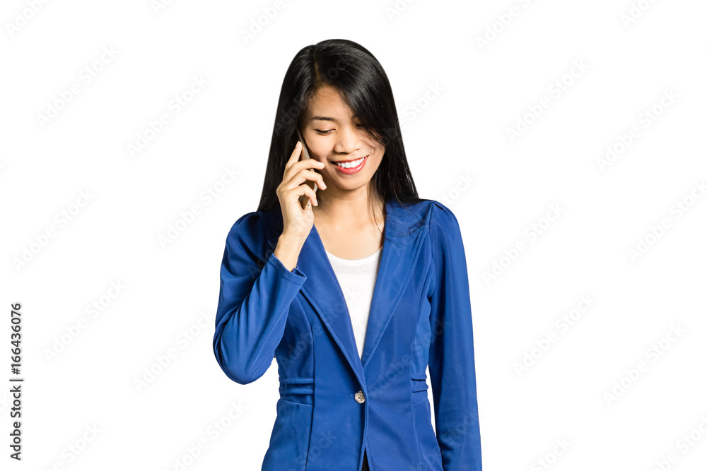 Portrait of a beautiful asian business woman with smart phone. Isolated on white background with copy space and clipping path Portrait of a beautiful asian business woman with smart phone. Isolated on white background with copy space and clipping path
