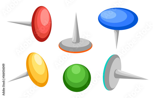 Collection of various push pins. Thumbtacks. Top view. Vector illustration. Isolated on white background. Set. Front view. Top view. Close up. Web site page and mobile app design vector illustration.
