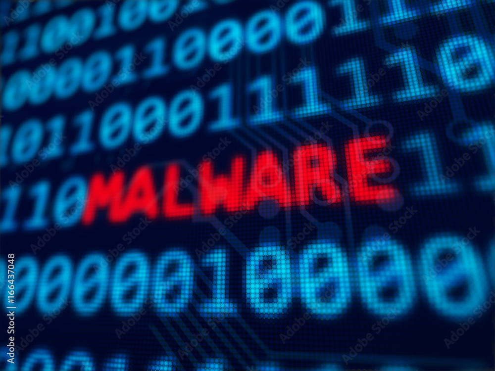 Malware red text between blue binary data background blue screen 3d rendered with depth of field Malware red text between blue binary data background blue screen 3d rendered with depth of field