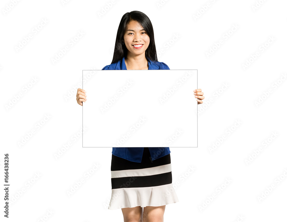 Portrait of a beautiful asian business woman holding blank board. Isolated on white background with copy space and clipping path Portrait of a beautiful asian business woman holding blank board. Isolated on white background with copy space and clipping path