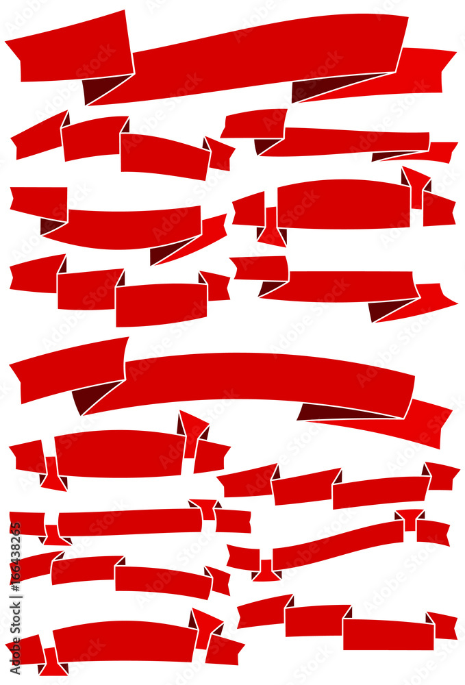 Set of fifteen red cartoon ribbons and banners for web design. Great design element isolated on white background. Vector illustration.

