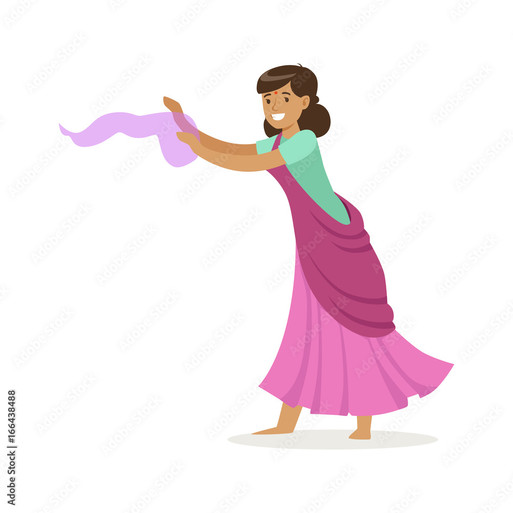 Beautiful Indian woman in a purple sari dancing national dance, colorful character vector Illustration