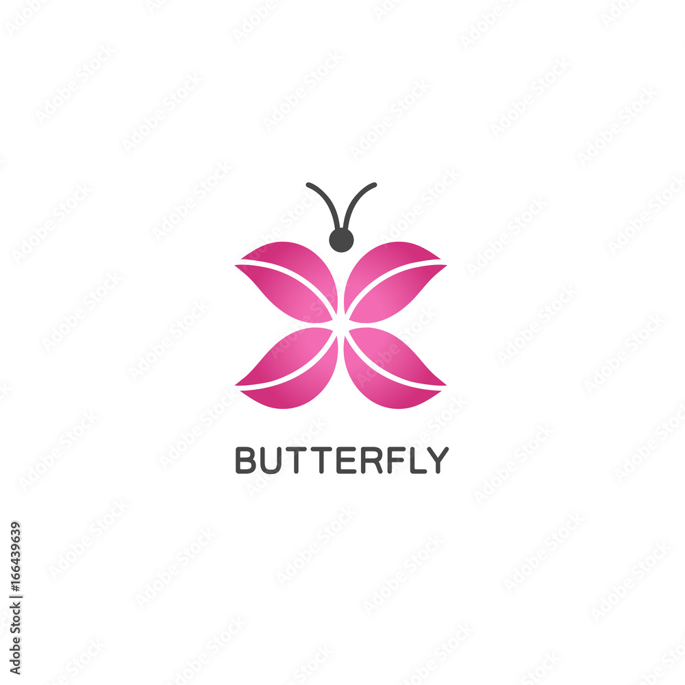 Vector logo design template in flat linear style - abstract butterfly with pink wings.