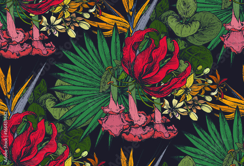 Vector seamless pattern with compositions of hand drawn tropical flowers