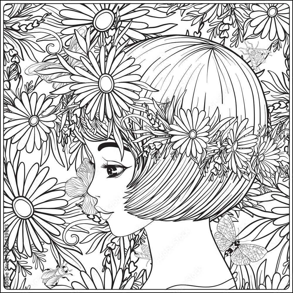 A young beautiful girl with a wreath of flowers on her head. Against
