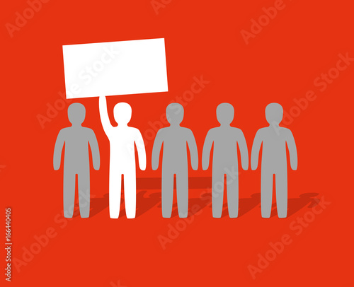 Grafik mit nebeneinander stehenden Figuren auf Roter Fläche. Eine Figur erhebt ein Schild
