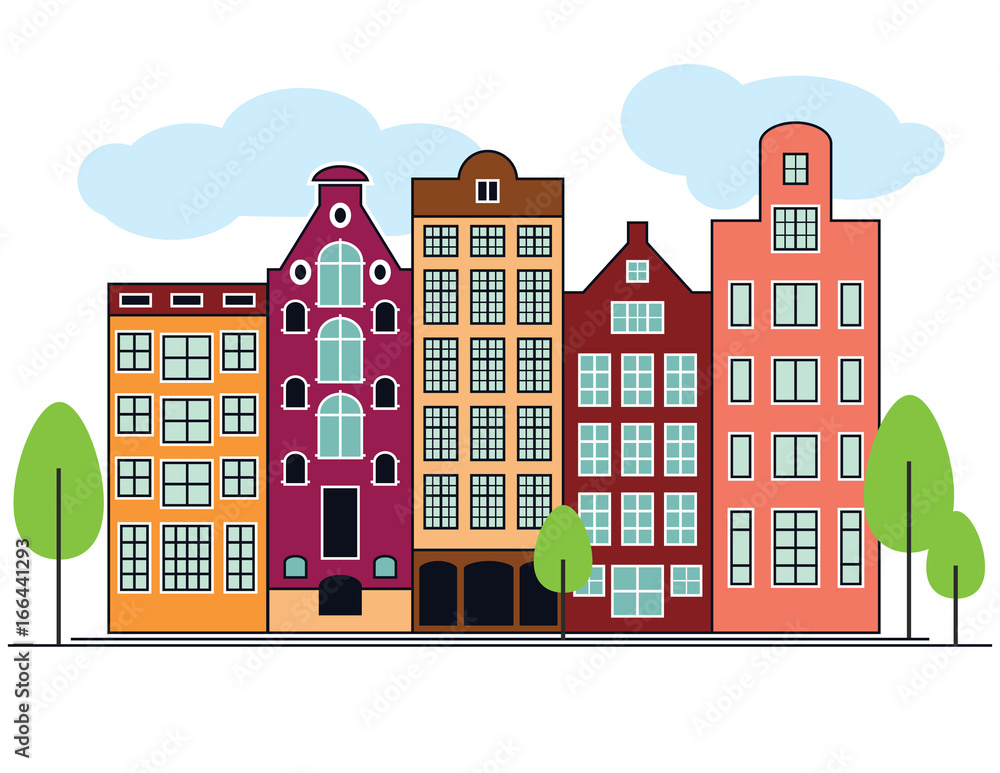 Vector illustration of Dutch houses. Amsterdam city buildings. Cityscape of Holland