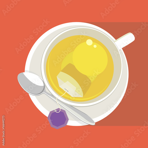 White cup of herbal tea with with purpule tea bag (blank label) on red background. Top view. Vector illustration.