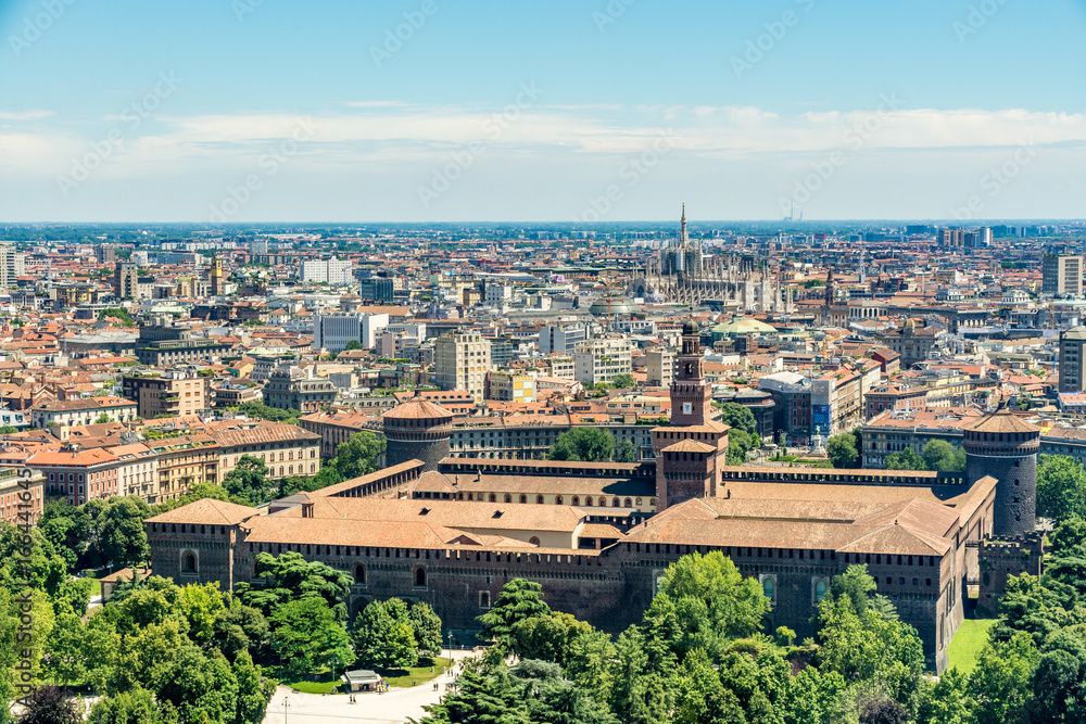 Aerial view from the Branca Tower (Torre Branca) of the Sforza Castle (Castello Sforzesco) and cityscape of Milan, Italy