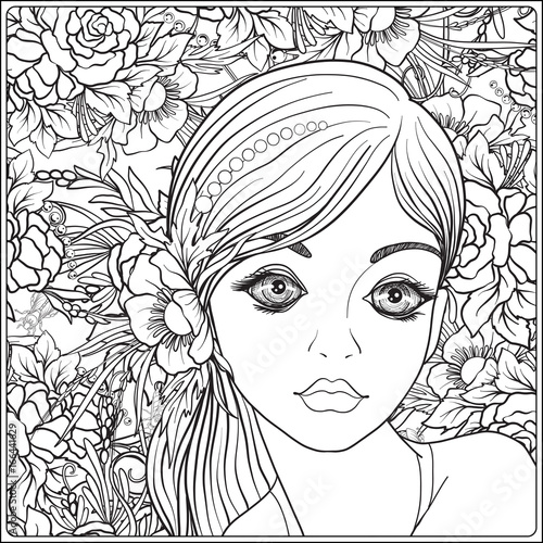 A young beautiful girl with a wreath of flowers on her head. Against the background of a flower pattern. Outline hand drawing coloring page for adult coloring book.