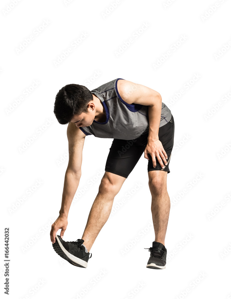 Portrait of an asian sport man stretching his bodies before exercise. Isolated full length on white background with copy space and clipping path Portrait of an asian sport man stretching his bodies before exercise. Isolated full length on white background with copy space and clipping path