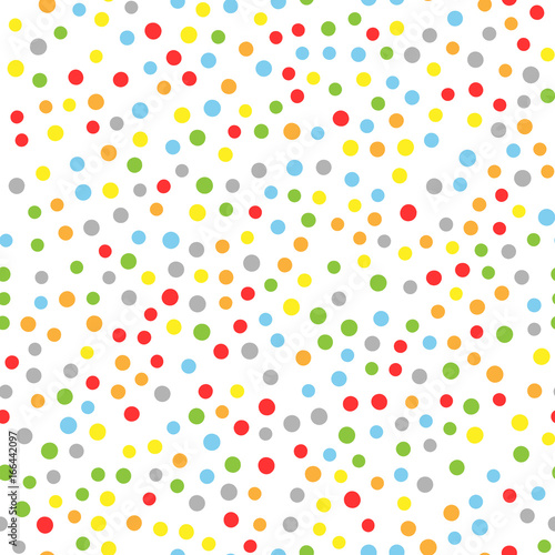 Seamless pattern with colorful round confetti. Polka dot. Drawn by hand. White, yellow, green, orange, blue, gray.