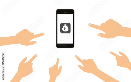 Finger zeigen auf Smartphone mit € Geldsack