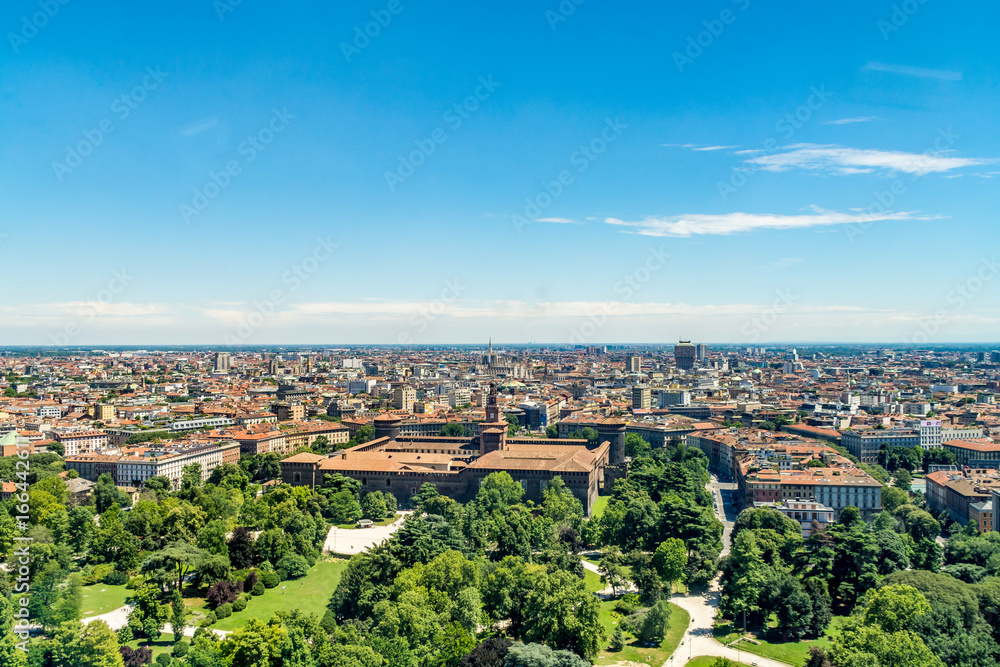 Cityscape of Milan, view from the Branca Tower (Torre Branca), including the Sforza Castle (Castello Sforzesco), Italy