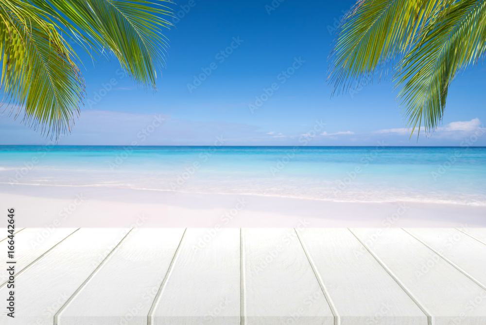 white wooden table and beautiful sea in summer.
