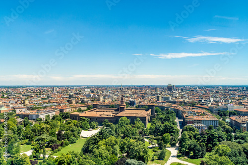 Cityscape of Milan  view from the Branca Tower  Torre Branca   including the Sforza Castle  Castello Sforzesco   Italy