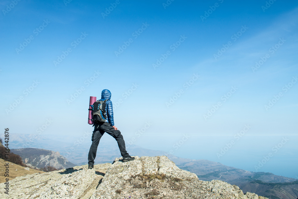 Obraz premium Traveler with backpack on the top of the mountain