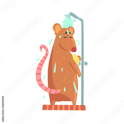 Cute cartoon rat rubbing himself a foam sponge bath while standing in shower cabin colorful character, animal grooming vector Illustration