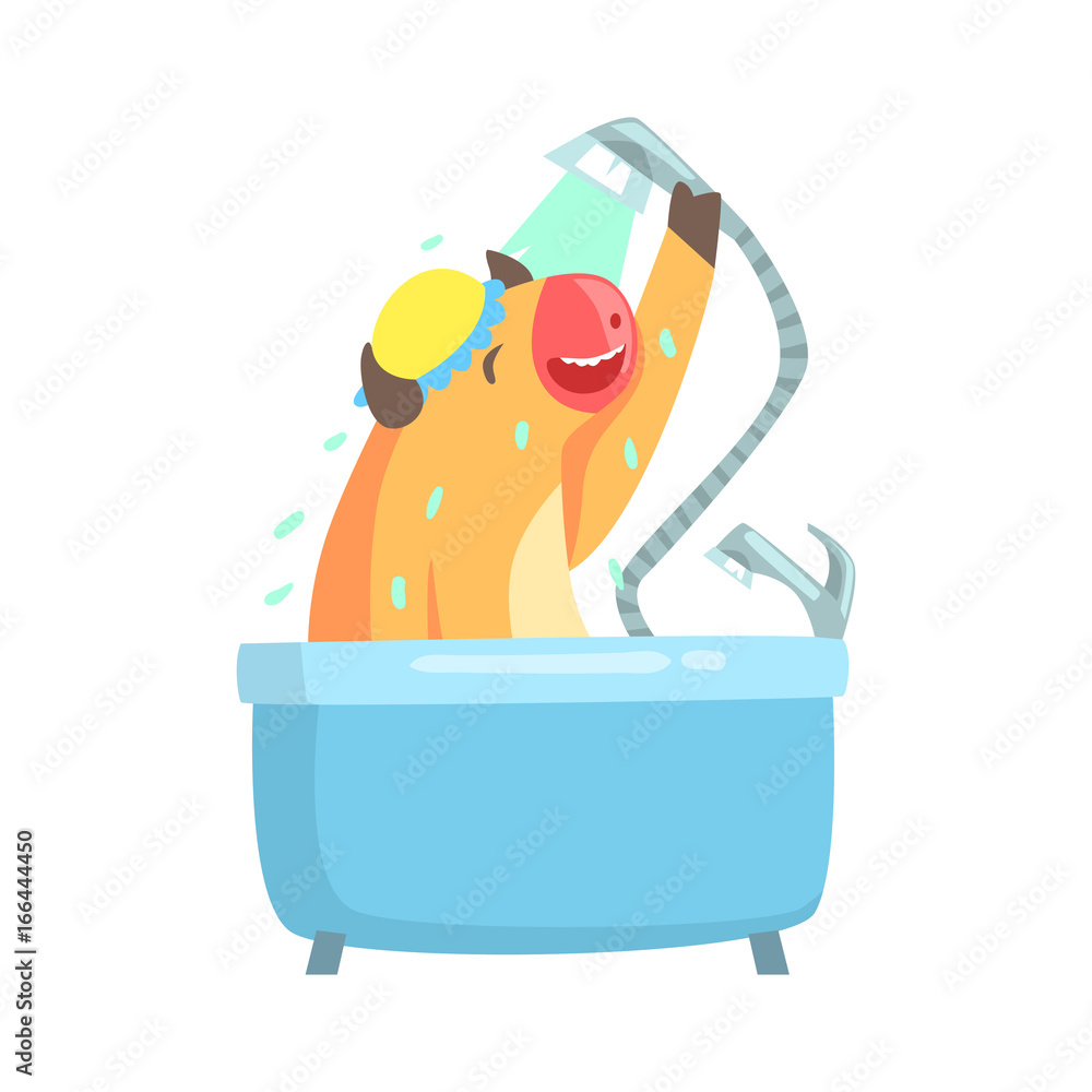 Cute cartoon cow taking a shower in a bathtub colorful character, animal grooming vector Illustration Cute cartoon cow taking a shower in a bathtub colorful character, animal grooming vector Illustration